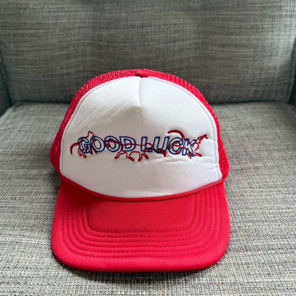 Mr. Saturday Red and White 'GOOD LUCK' Mesh Trucker Hat